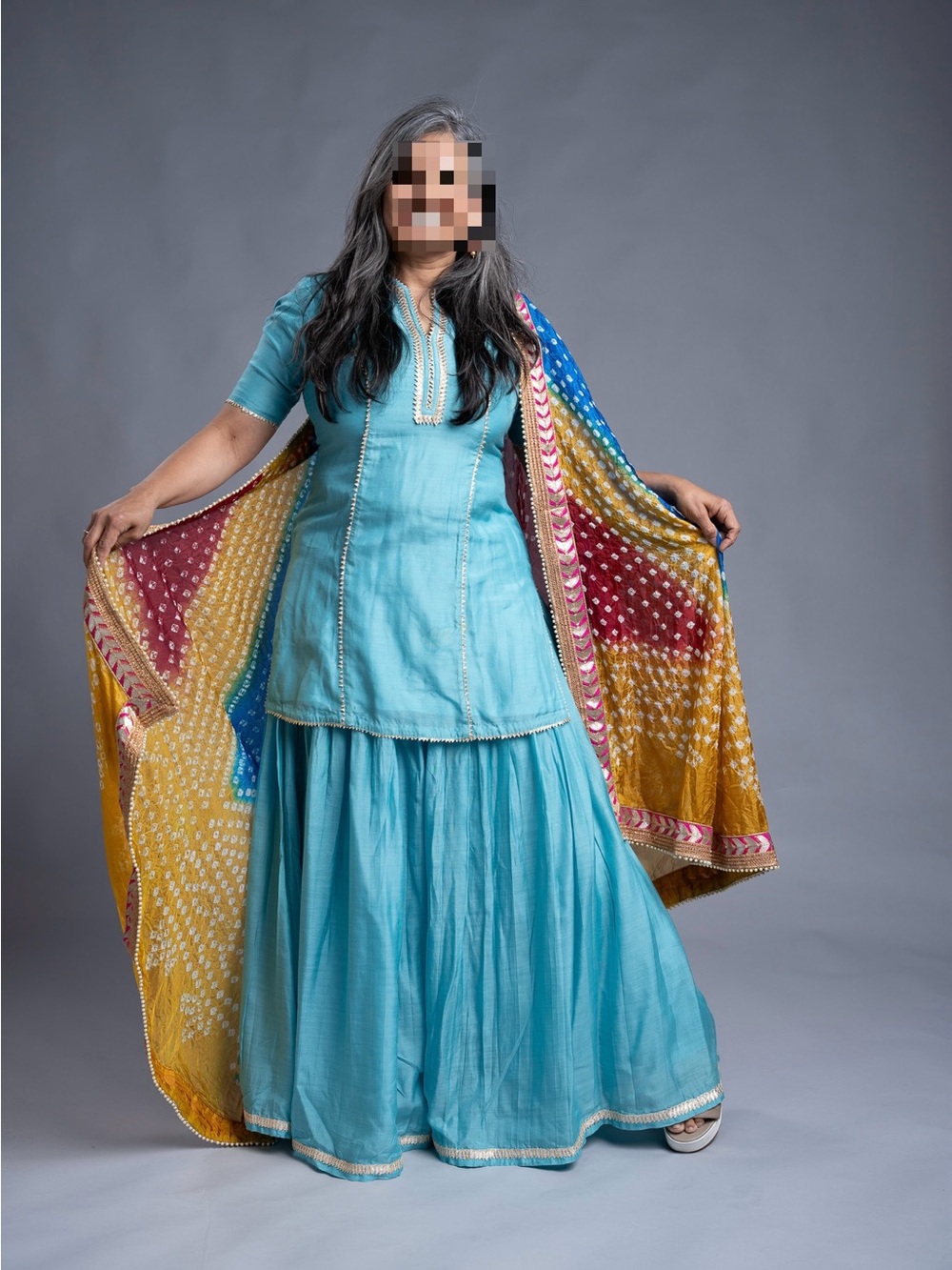 Sky Blue Cotton sharara Maxi Set with Multicolor Bandhani Dupatta